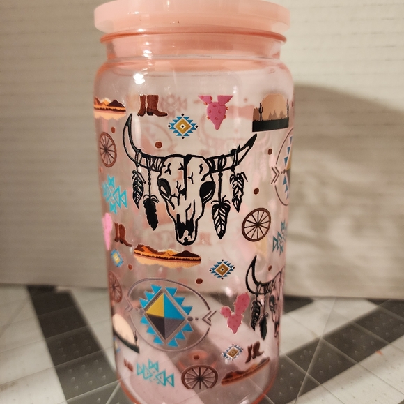 Accessories - Pink Western-Themed Plastic Tumbler, 16 oz, handmade
